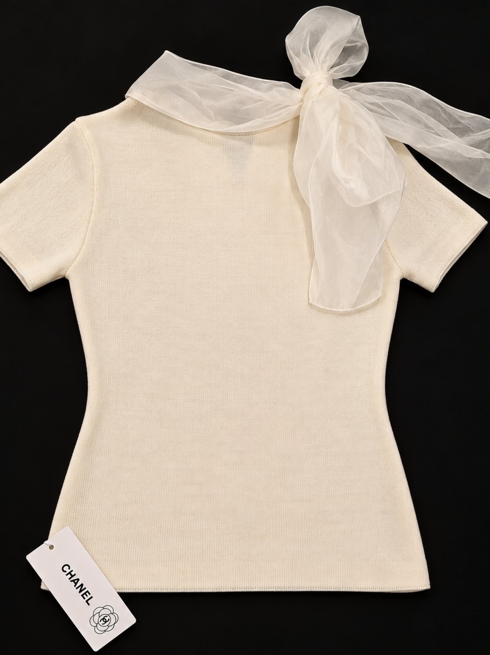Chanel Cream Short-Sleeve Knit Top with Sheer Neck Bow